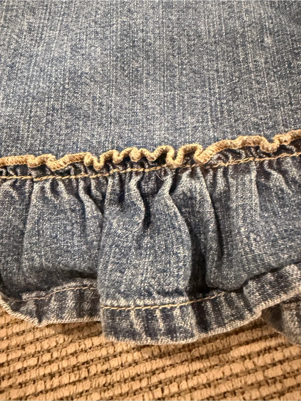 OshKosh B'gosh Denim Overall Dress Floral Embroidery Ruffle Hem Wrap Snap 18 mth